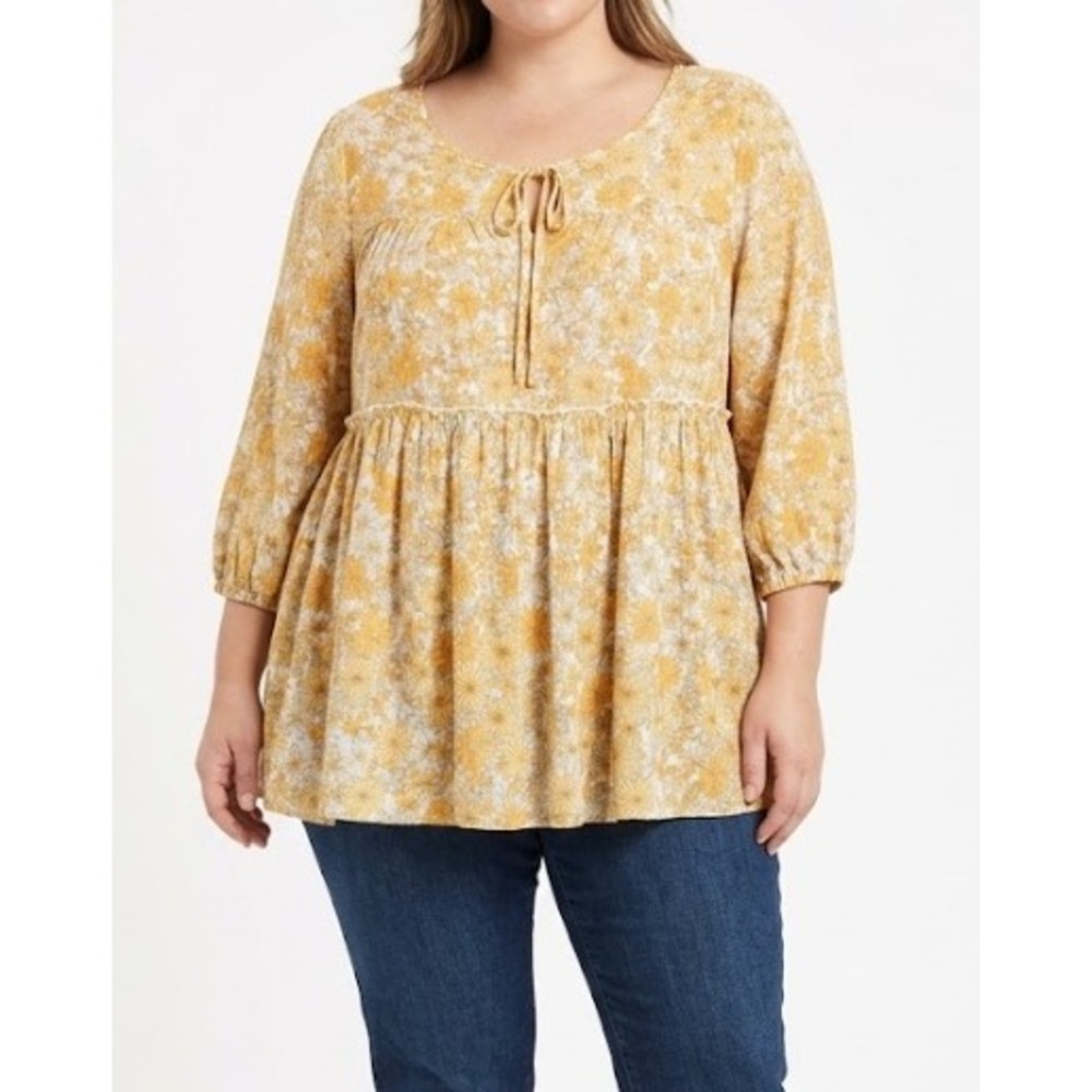 New Robert Louis Peasant Top 1X Yellow Floral Empire Waist Boho Cottagecore